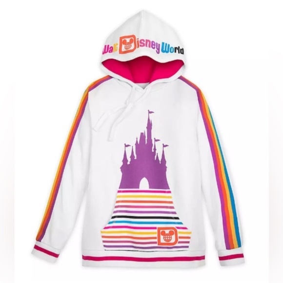 Disney Parks | Disney World Castle Rainbow Stripe White Hoodie Sweatshirt - Picture 1 of 10